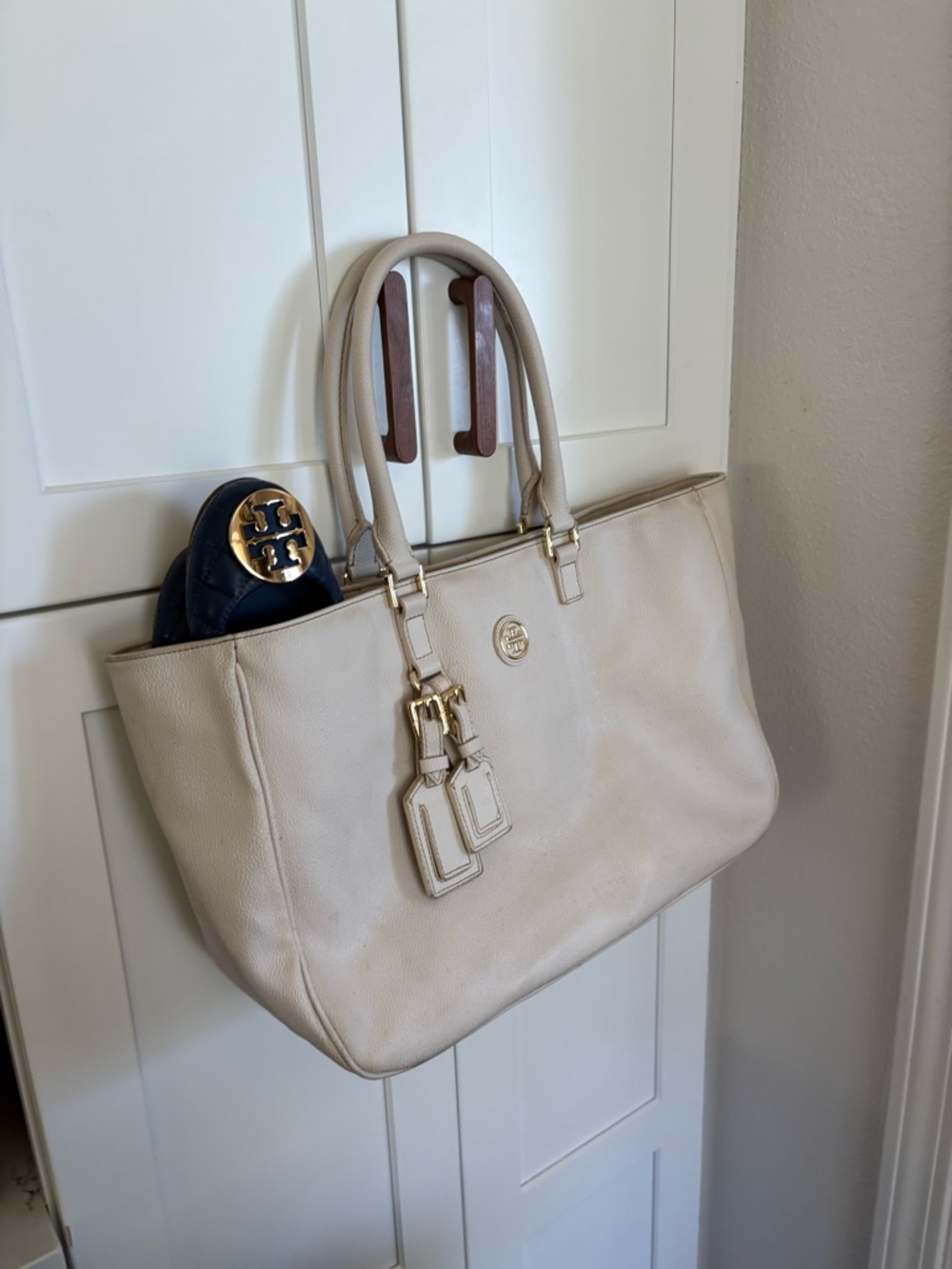 Tory Burch Cream Leather Tote Bag
